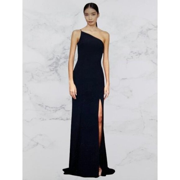 Amsale Dresses & Skirts - AMSALE Gown Black Satin Dress Maxi Prom Wedding One-shoulder Size 10